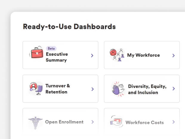HR dashboard menu with tiles for Executive Summary, Workforce, Turnover, DEI, Open Enrollment, and Costs.