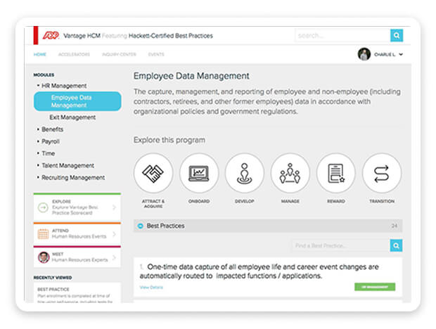 ADP Vantage HCM screen showing employee data management screen with the best practices section selected
