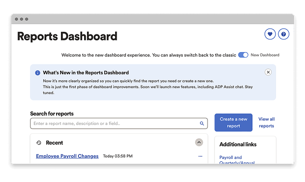 An image of the reporting dashboards available within the ADP Workforce Now product