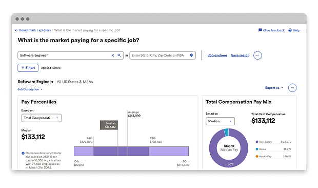 Dashboard snapshot of the compensation benchmarking capabilities within the ADP Workforce Now product