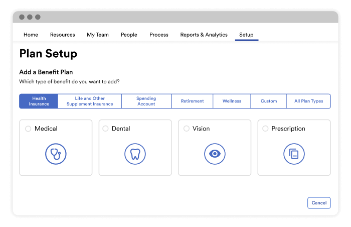 Product screenshot of setting up a benefit plan, with options for Medical, Dental, Vision or Prescription plan types. 