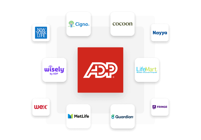 An image with the ADP Logo and various benefit integrations offered, including Cigna, MetLife, Guardian, Nayya, New York Life and more. 