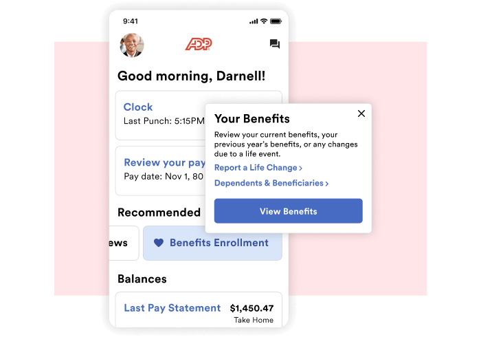 Image of the ADP Mobile app experience, showing the home screen for employees and including a snapshot of the options for an employee to manage their benefit options 
