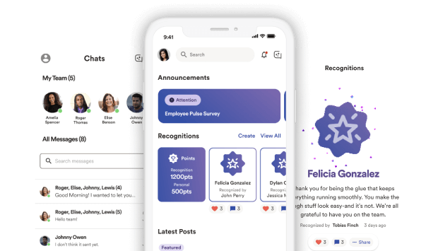 Screenshots of the ADP Mobile App, featuring ADP Connect's capabilities including team announcements, recognition, and chat functionalities.