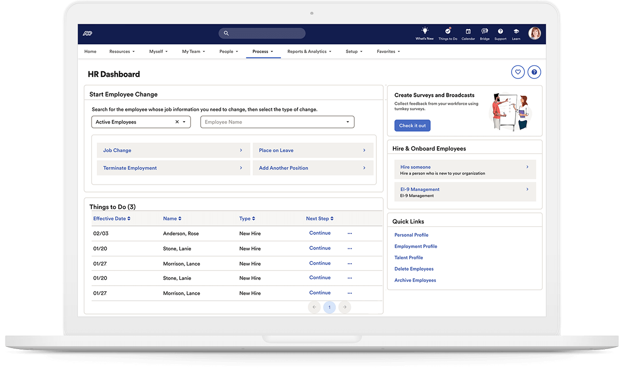 Image of the HR Dashboard of the ADP Workforce Now product, focusing on employee change management