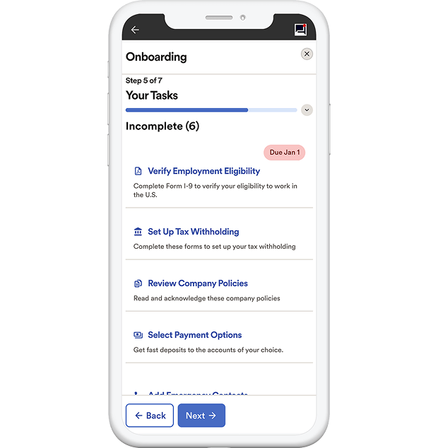 A mobile screenshot of the ADP Workforce Now product’s onboarding task list for hiring new employees