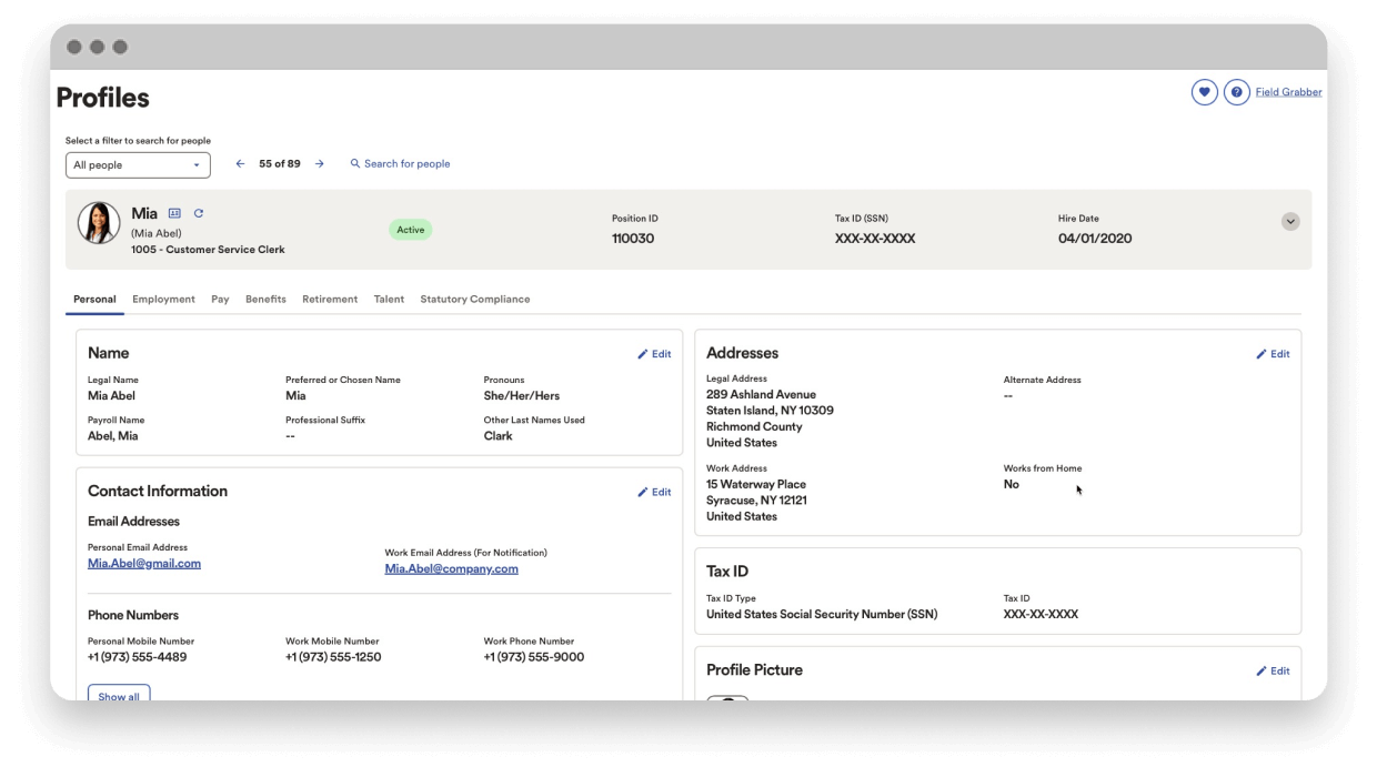 Screenshot of the ADP Workforce Now product’s employee profile details page 