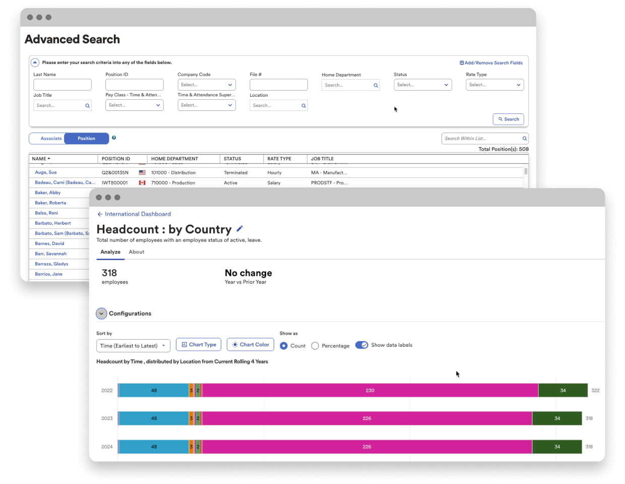 ADP Workforce Now product screenshots showing how to manage employee’s HR and payroll when employees are located across countries and currencies