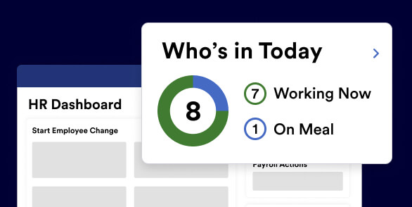 Workforce Now HR dashboard showing who’s in today. Out of 72 employees, 66 are working now, 2 are on break and 4 are working later.