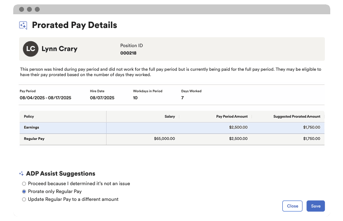 Payroll dashboard displaying prorated pay details, pay period calculations, days worked, and AI-generated recommendations to help payroll administrators review and process employee compensation accurately and efficiently.