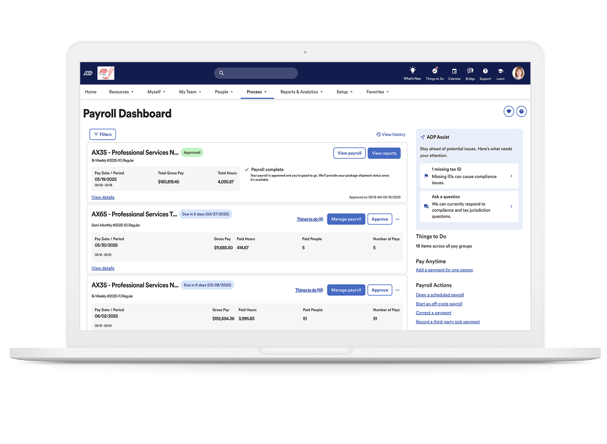 A product shot of the ADP Workforce Now Payroll Dashboard displaying various pay cycles with pay date, payroll costs, and the ability to view and manage each payroll run. 
