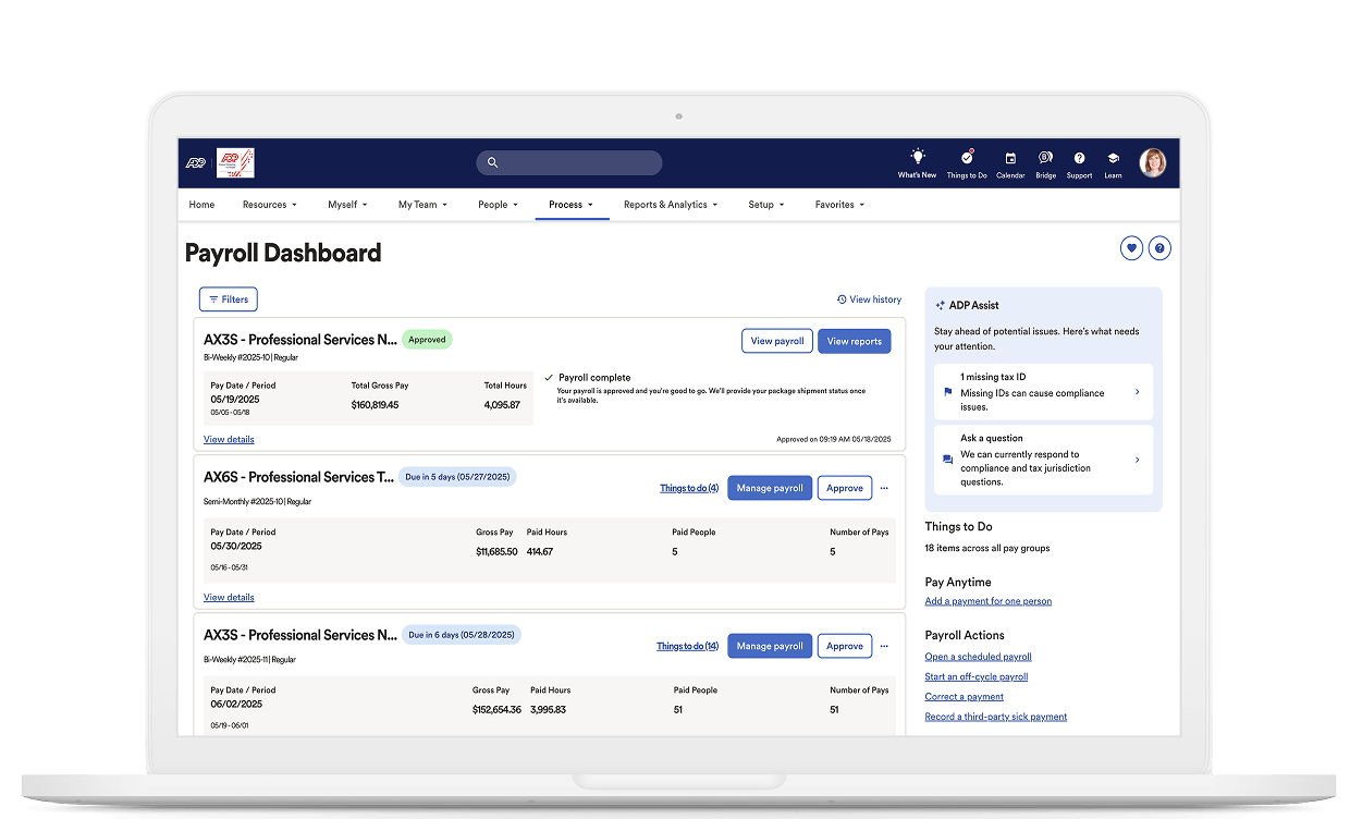 A product shot of the ADP Workforce Now Payroll Dashboard displaying various pay cycles with pay date, payroll costs, and the ability to view and manage each payroll run.