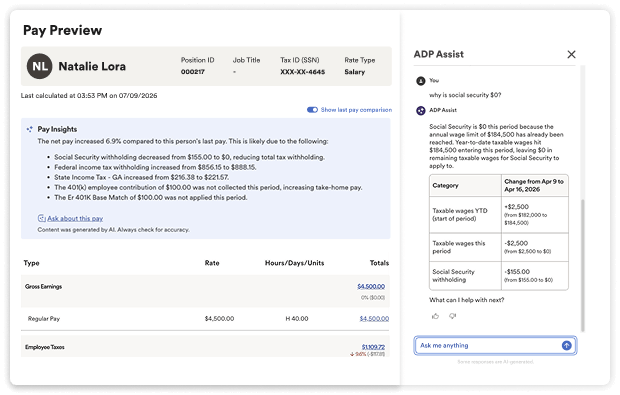 Payroll pay preview screen displaying earnings, taxes, deductions, and net pay details alongside an AI assistant that provides clear explanations for paycheck changes and answers payroll-related questions in real time.