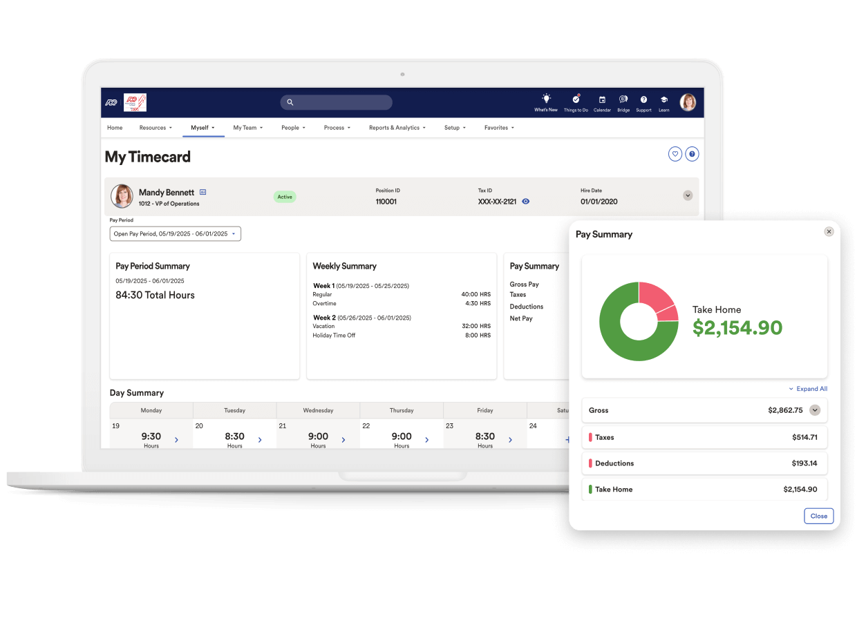 Product image of ADP Workforce Now, displaying an employee’s timecard and pay summary, with views on their gross pay, deductions, hours worked and more. 