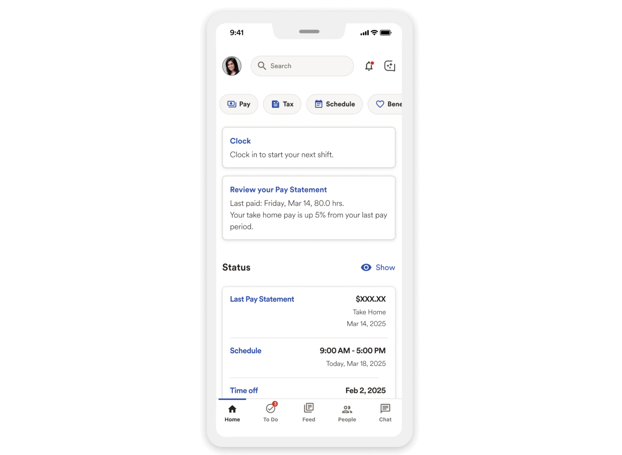 A mobile view of ADP Workforce Now, displaying the employee view of ADP’s top rated HR app and the ease of employee self-service 