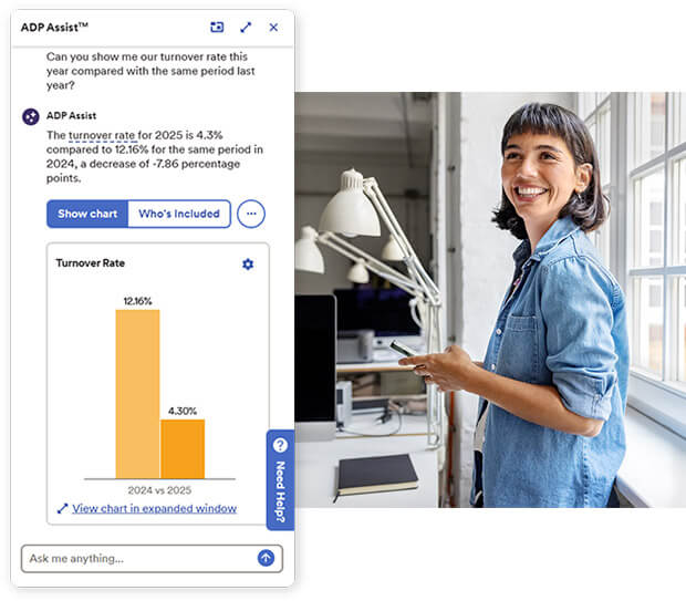 An isolated ADP Assist screenshot overlapping a photo of a smiling woman holding her mobile