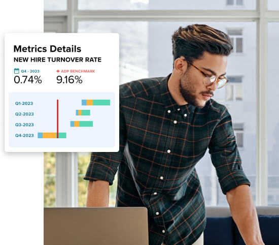 Workforce Now metrics details screen showing new hire turnover rate with chart showing metrics for each quarter