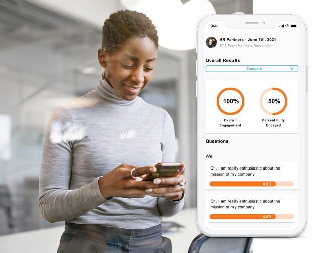 Mobile phone showing employee survey results.