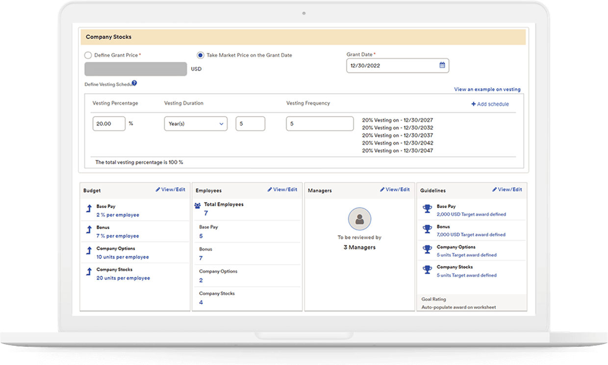 Laptop showing Workforce Now’s company stocks program dashboard where you can define the grant price, vesting  percentages, duration and frequency