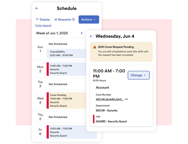 A display of multiple mobile versions of the ADP Workforce Now product, highlighting an individual’s schedule as well as shift coverage requests made by colleagues