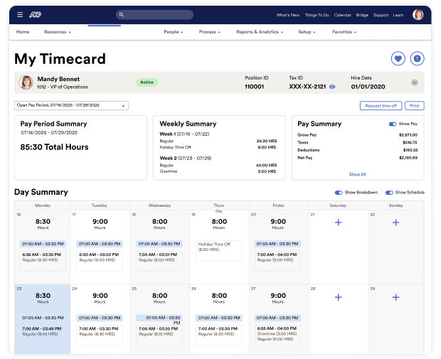 Screenshot of the ADP Workforce Now product, displaying the My Timecard screen, with options to view an employee’s schedule, weekly summaries, hours works and a pay summary
