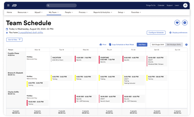 Screenshot of ADP Workforce Now’s Team Schedule screen displaying a weekly schedule with who is working and who is out of the office