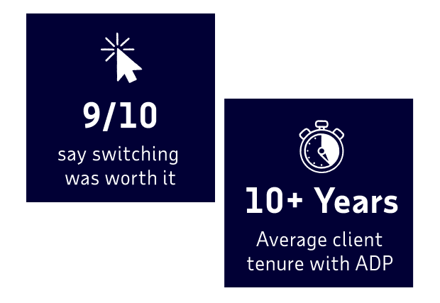 9 out of 10 ADP clients say switching was worth it. The average client tenure with ADP is 10 plus years.