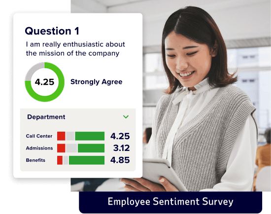 Inset of sample employee sentiment survey set over image of employee using mobile device