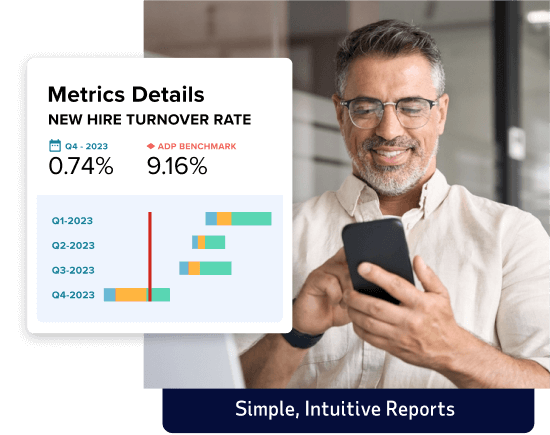Inset of sample of a simple, intuitive metrics report set over image of employee using mobile device