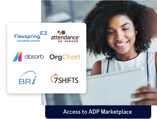inset of sample partner logos: Flexspring, Attendance on demand, absorb, OrgChart, BRI and 7Shifts on ADP Marketplace set over image of employee reading files.