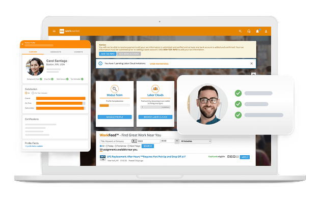 Tablet showing Workmarket home dashboard view with talent search, curate labor clouds, create assignments, and payment center