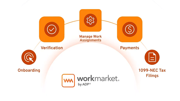 Workmarket by ADP manages onboarding, verification, manage work assignments, payments, and 1099-NEC tax filings.