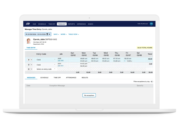  Entering employee hours worked using ADP workforce management on a laptop