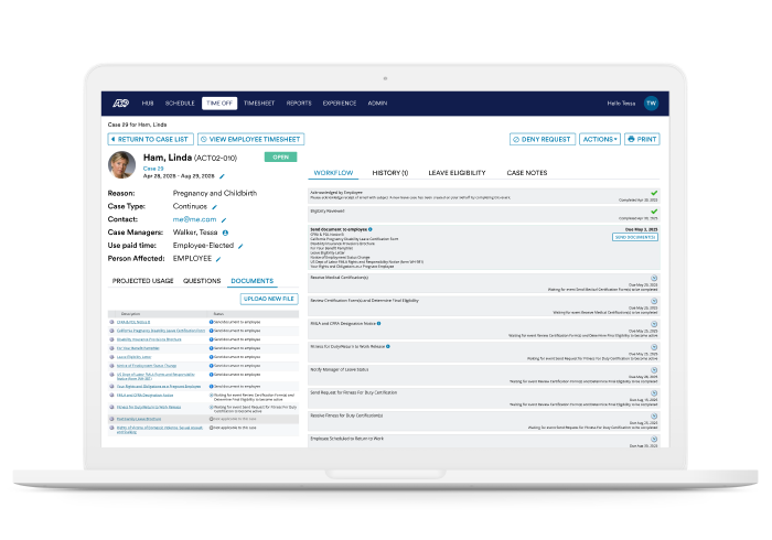 Managing paid time off and leave using ADP workforce management on a laptop