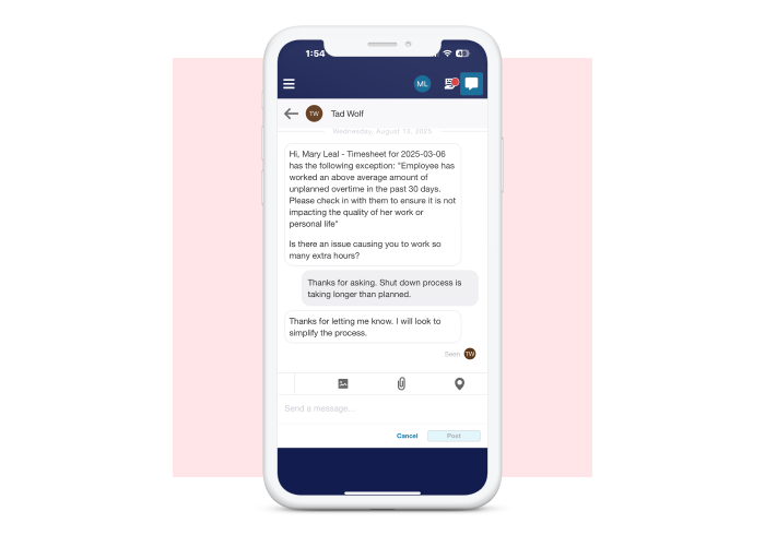 Manager communicates with employee via phone using ADP workforce management
