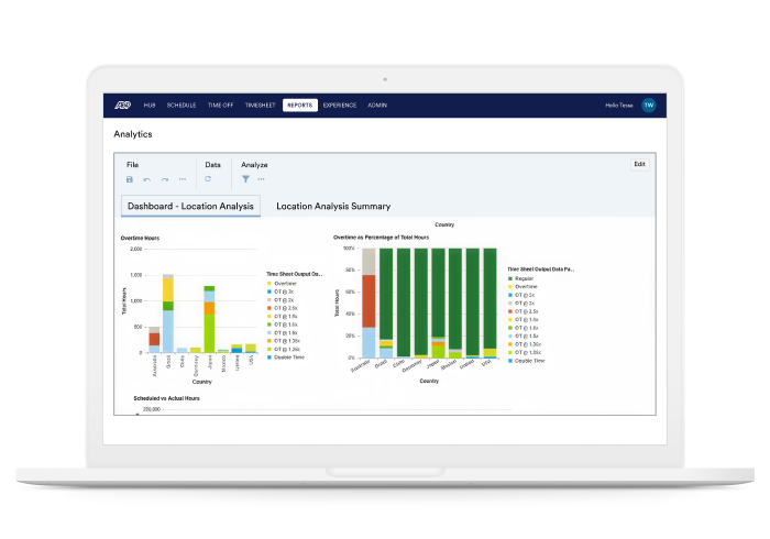 View of overtime hours using ADP workforce management on a laptop