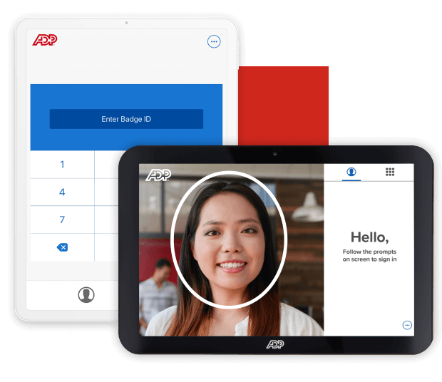 Two tablets displaying ADP clock-in methods: the left shows biometric sign-in using a worker's face, and the right shows a keypad for badge ID entry