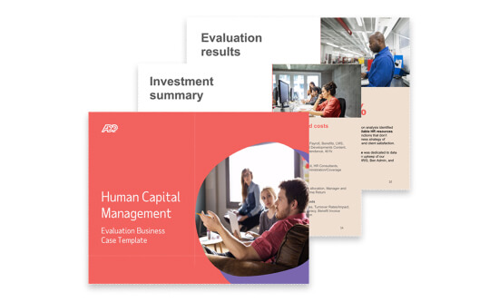 Human Capital Management Evaluation Business Case Template cover image highlighting Investment summary and evaluation result