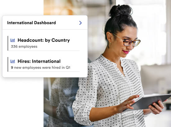 Global HCM international dashboard showing headcount by country and international hires by quarter.