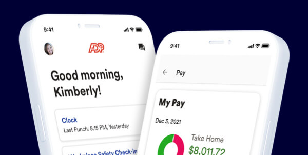 Two mobile devices showing the ADP payroll platform home screen showing the last time the employee clocked in and another screen showing pay details