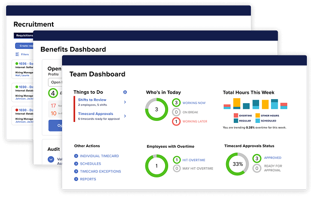 Screens showing team dashboard, benefits dashboard and recruitment