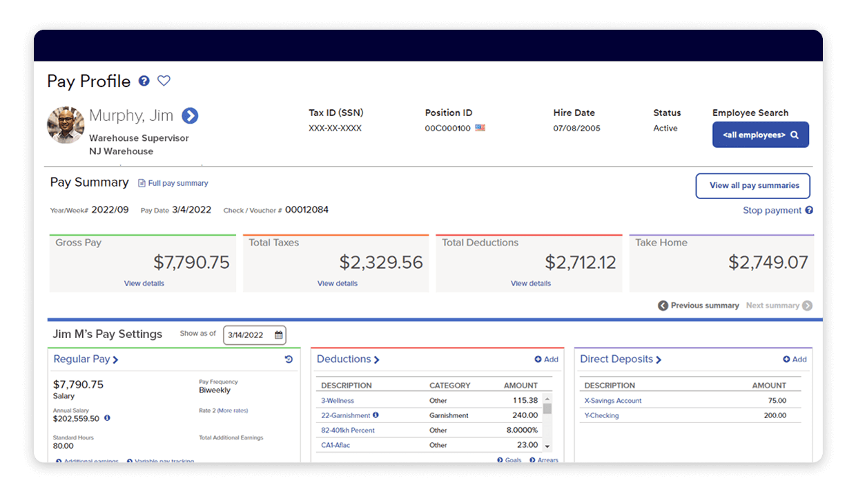 ADP HCM platform pay profile screen showing details for an employee including pay summary and pay settings.