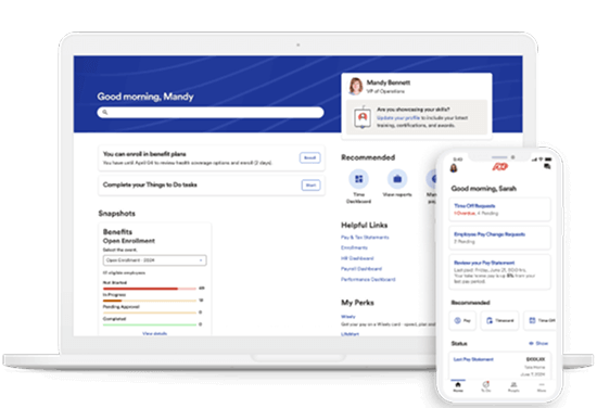 ADP HCM platform home screen shown on laptop and mobile device