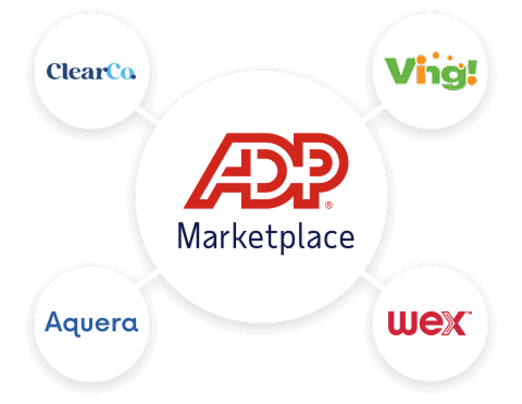 Featured ADP Marketplace application logos: ClearCompany, Ving!, Aquera, WEX