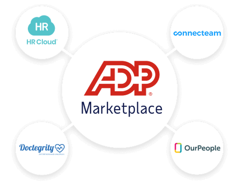 Featured ADP Marketplace application logos: HR Cloud, Connecteam, Doctegrity, OurPeople