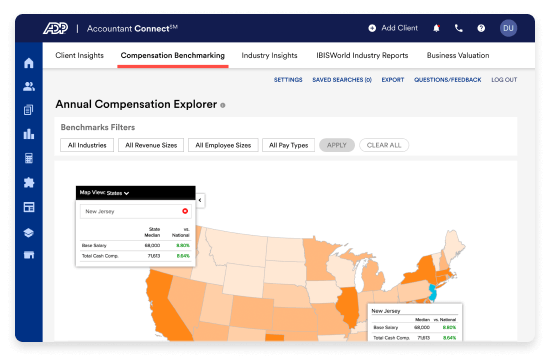 Software dashboard view of the Annual Compensation Explorer tool, displaying salary benchmarks at the US State Level. 
