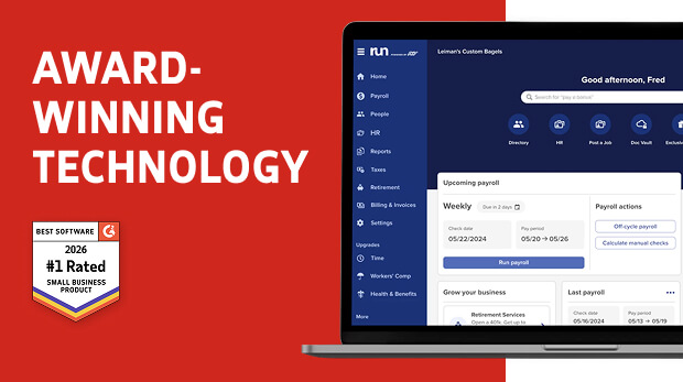 Screenshot from the video, highlighting ADP's award-winning technology with an award badge from G2, naming ADP as the #1 Small Business Software for 2026.