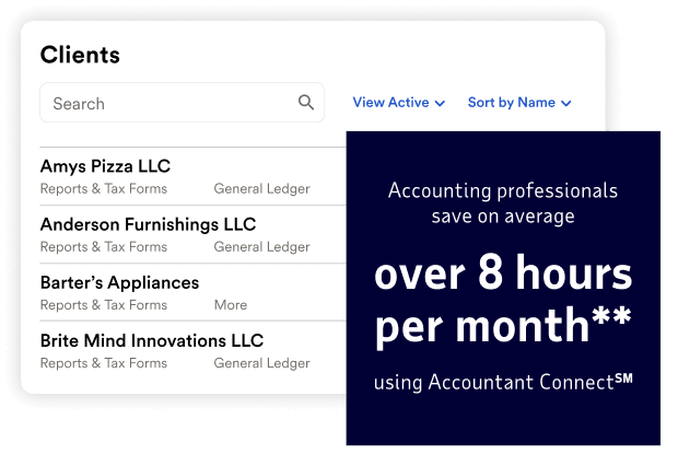 Accounting professionals save on average over 8 hours per month using Accountant Connect. Internal survey of 381 Accountant Connect users in 2025
