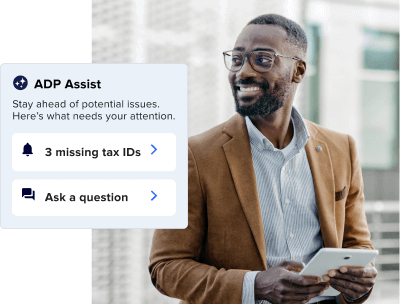ADP Assist interface highlighting three missing tax IDs and an AI prompt field to ask workforce-related questions.