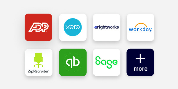 Logos of ADP integration partners including Xero, Rightworks, Workday, ZipRecruiter, QuickBooks, Sage and more.